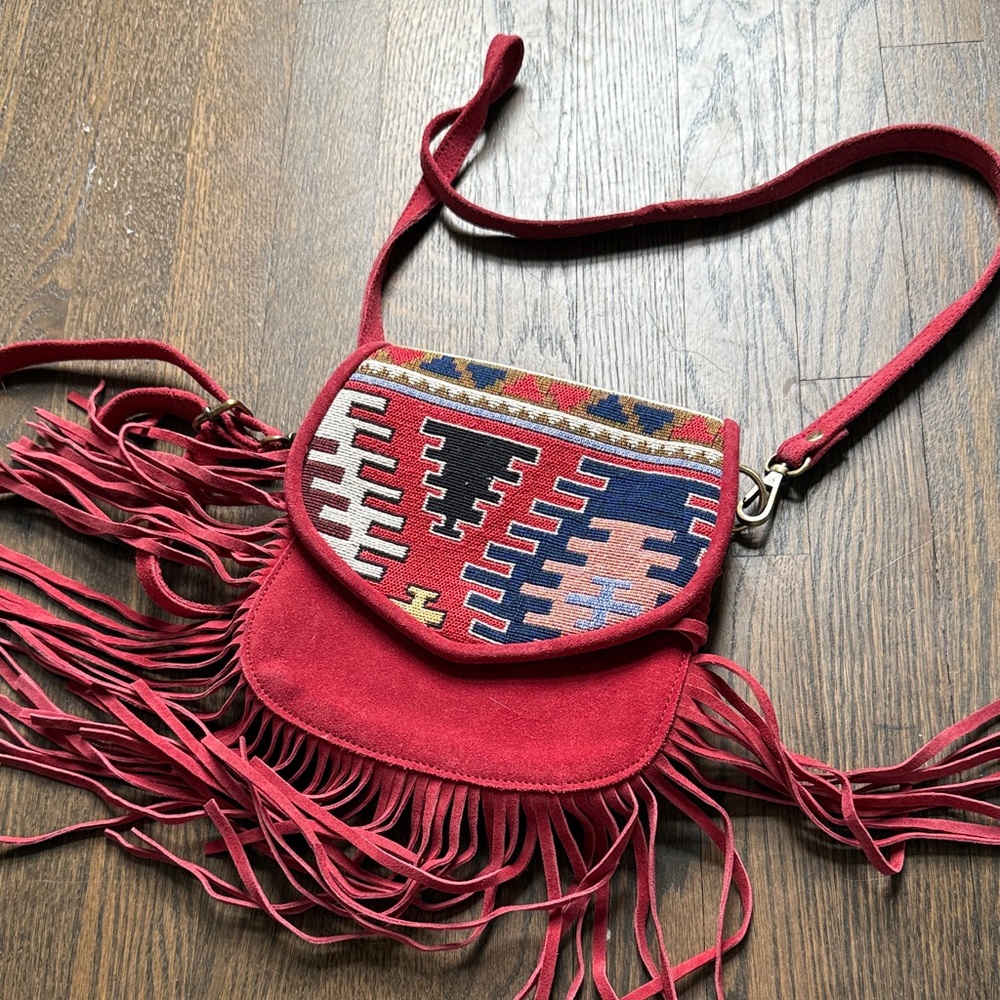 Fringed Suede Crossbody Bag in Red with Woven Accent